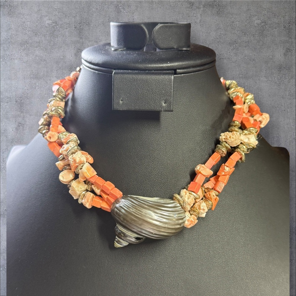 401.‎ Handmade Multi-Strand Coral & Shell Statement Necklace